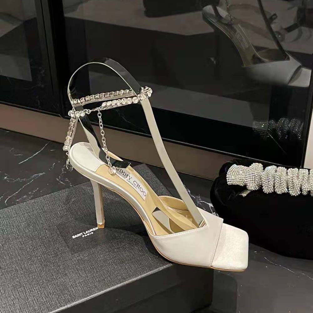 Jimmy Choo Women Saeda Sandal 100 Ivory Satin Sandals with Crystal Embellishment - image 6