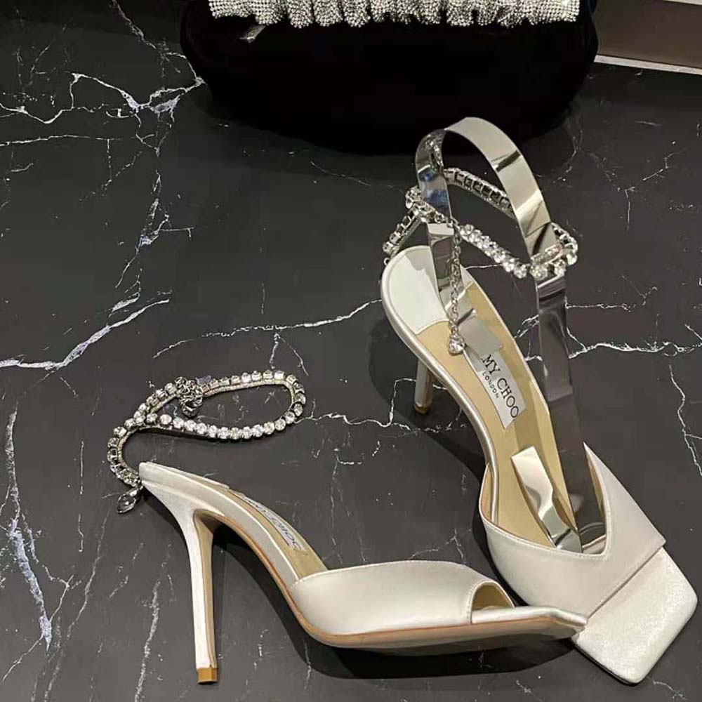 Jimmy Choo Women Saeda Sandal 100 Ivory Satin Sandals with Crystal Embellishment - image 5