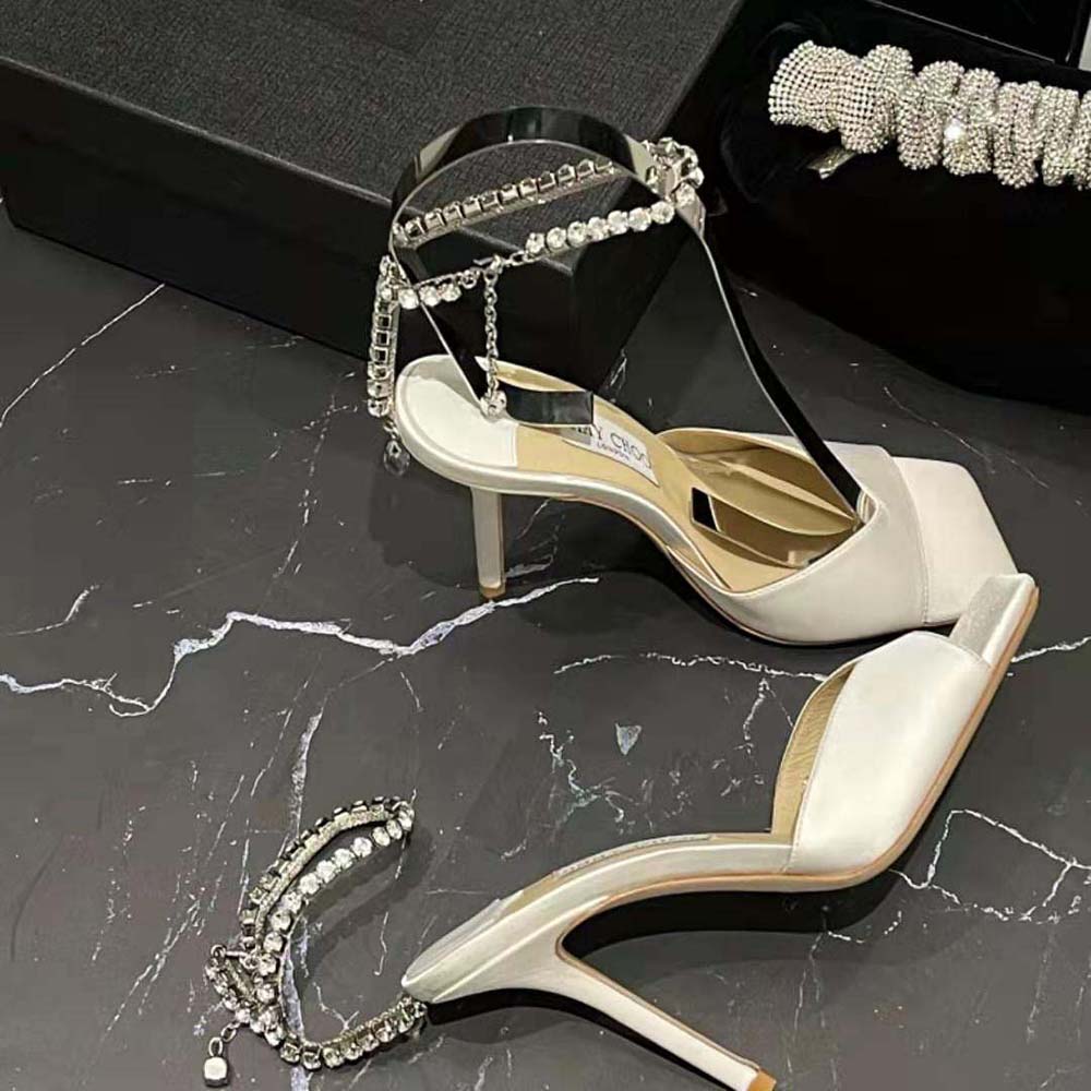 Jimmy Choo Women Saeda Sandal 100 Ivory Satin Sandals with Crystal Embellishment - image 7