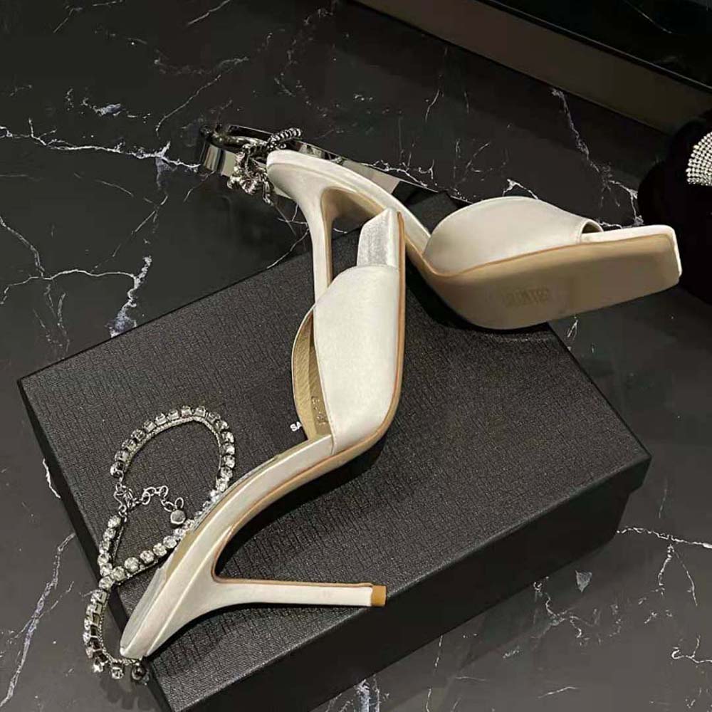 Jimmy Choo Women Saeda Sandal 100 Ivory Satin Sandals with Crystal Embellishment - image 9
