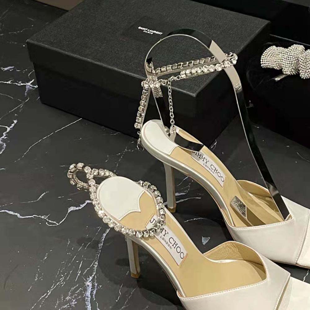 Jimmy Choo Women Saeda Sandal 100 Ivory Satin Sandals with Crystal Embellishment - image 10