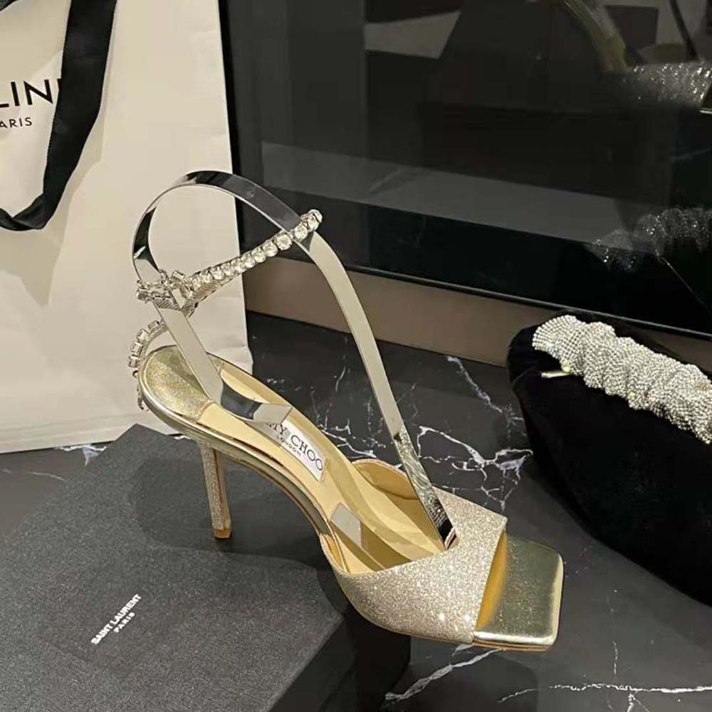 Jimmy Choo Women Saeda Sandal 100 Platinum Ice Dusty Glitter Sandals with Crystal Embellishment - image 4
