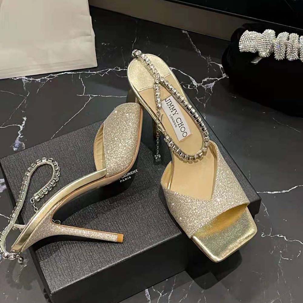 Jimmy Choo Women Saeda Sandal 100 Platinum Ice Dusty Glitter Sandals with Crystal Embellishment - image 7