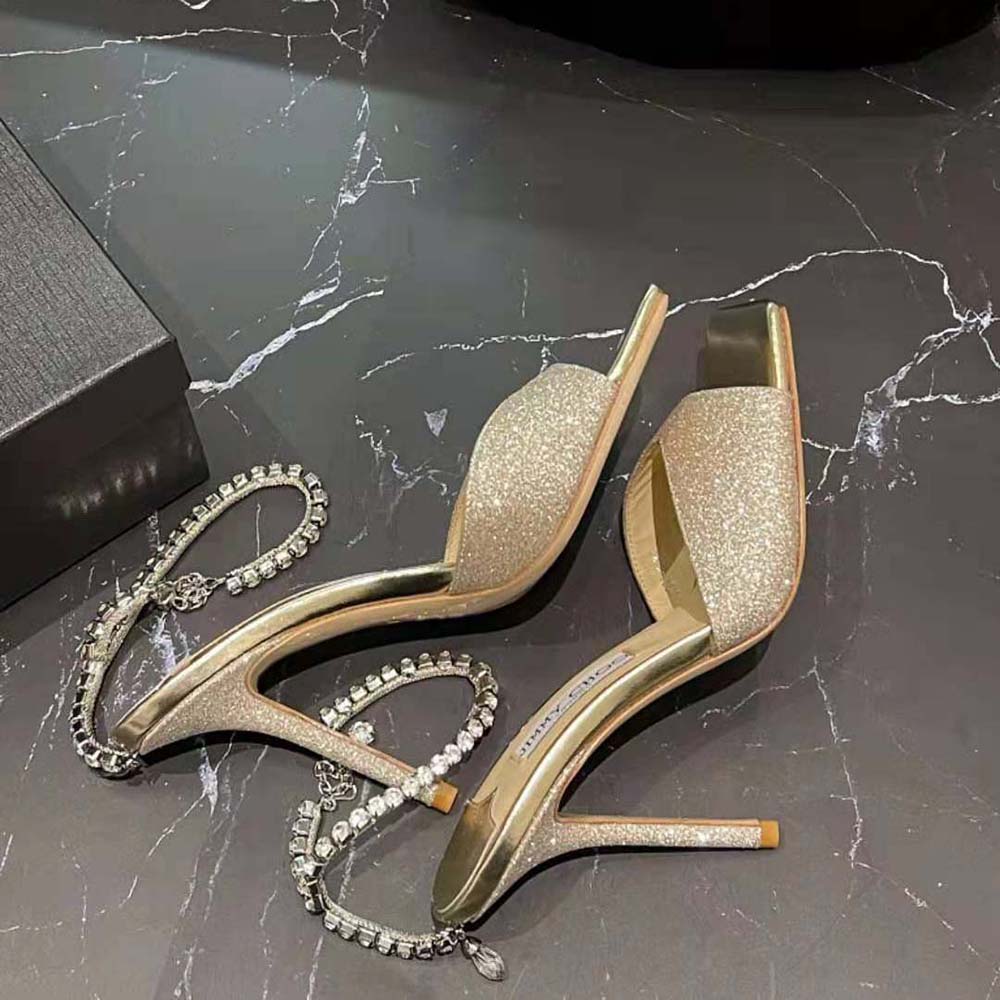 Jimmy Choo Women Saeda Sandal 100 Platinum Ice Dusty Glitter Sandals with Crystal Embellishment - image 9