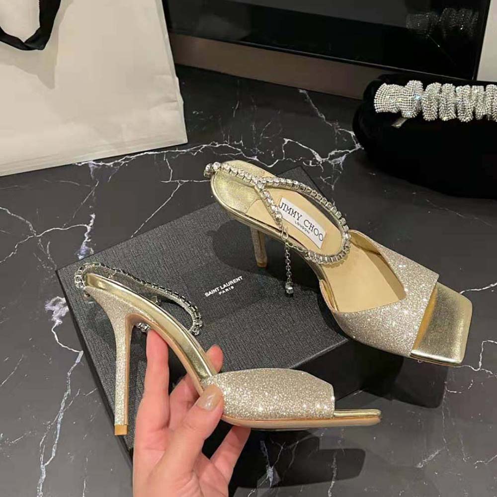 Jimmy Choo Women Saeda Sandal 100 Platinum Ice Dusty Glitter Sandals with Crystal Embellishment - image 5