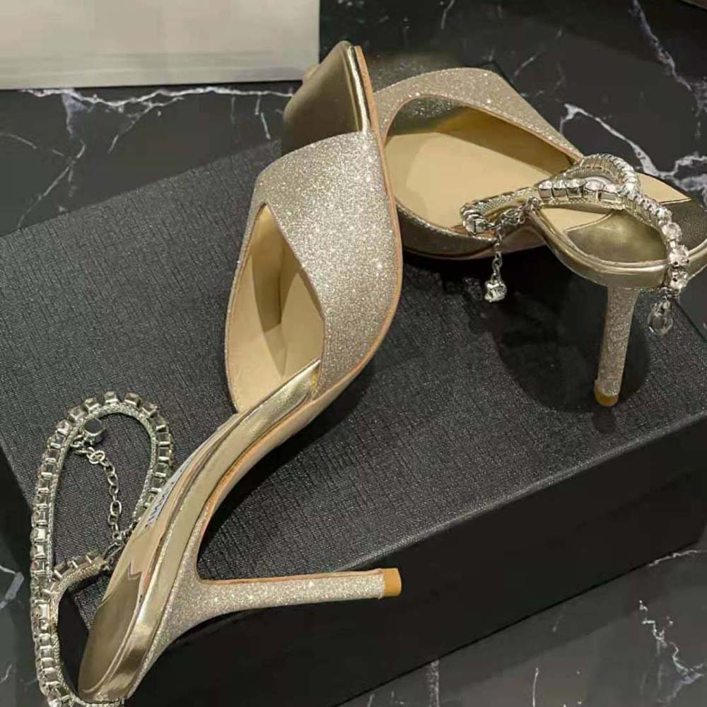 Jimmy Choo Women Saeda Sandal 100 Platinum Ice Dusty Glitter Sandals with Crystal Embellishment - image 8