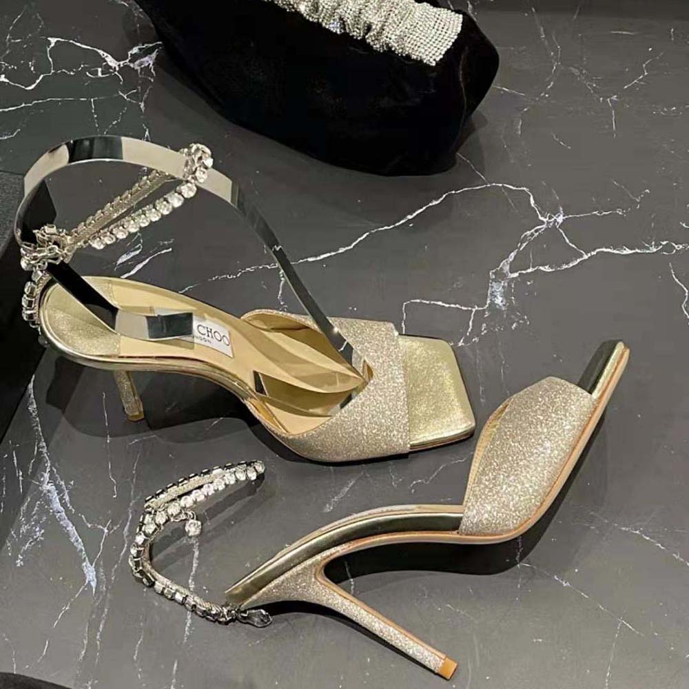 Jimmy Choo Women Saeda Sandal 100 Platinum Ice Dusty Glitter Sandals with Crystal Embellishment - image 6