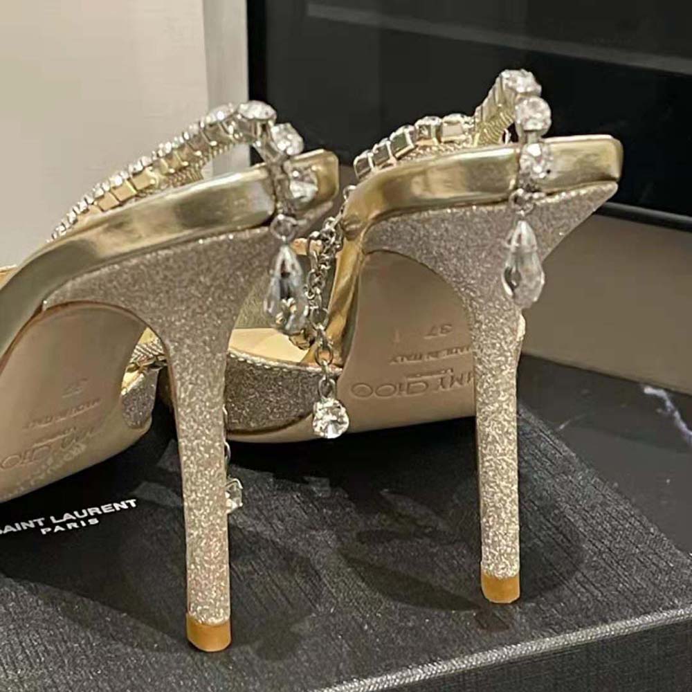 Jimmy Choo Women Saeda Sandal 100 Platinum Ice Dusty Glitter Sandals with Crystal Embellishment - image 10