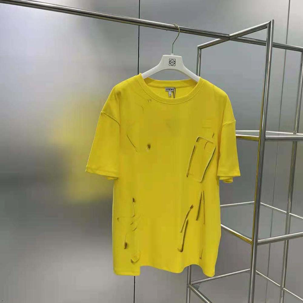 Close-up of Loewe signature embroidery on Cotton-Yellow T-shirt