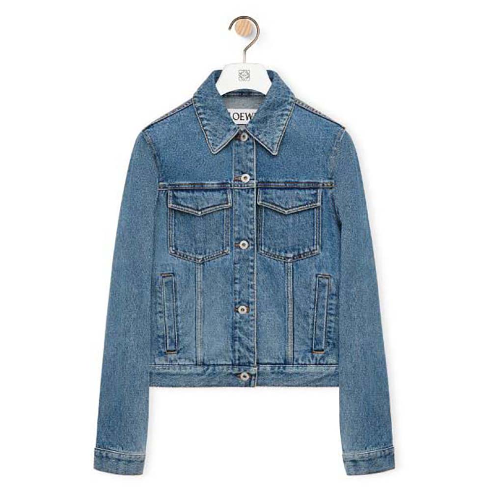 Front view of Loewe Women Anagram Jacket in Denim showing embroidery