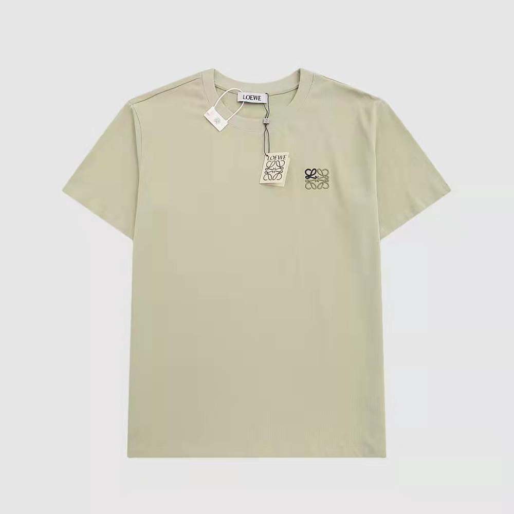 Close-up of Loewe Anagram embroidery on beige T-shirt