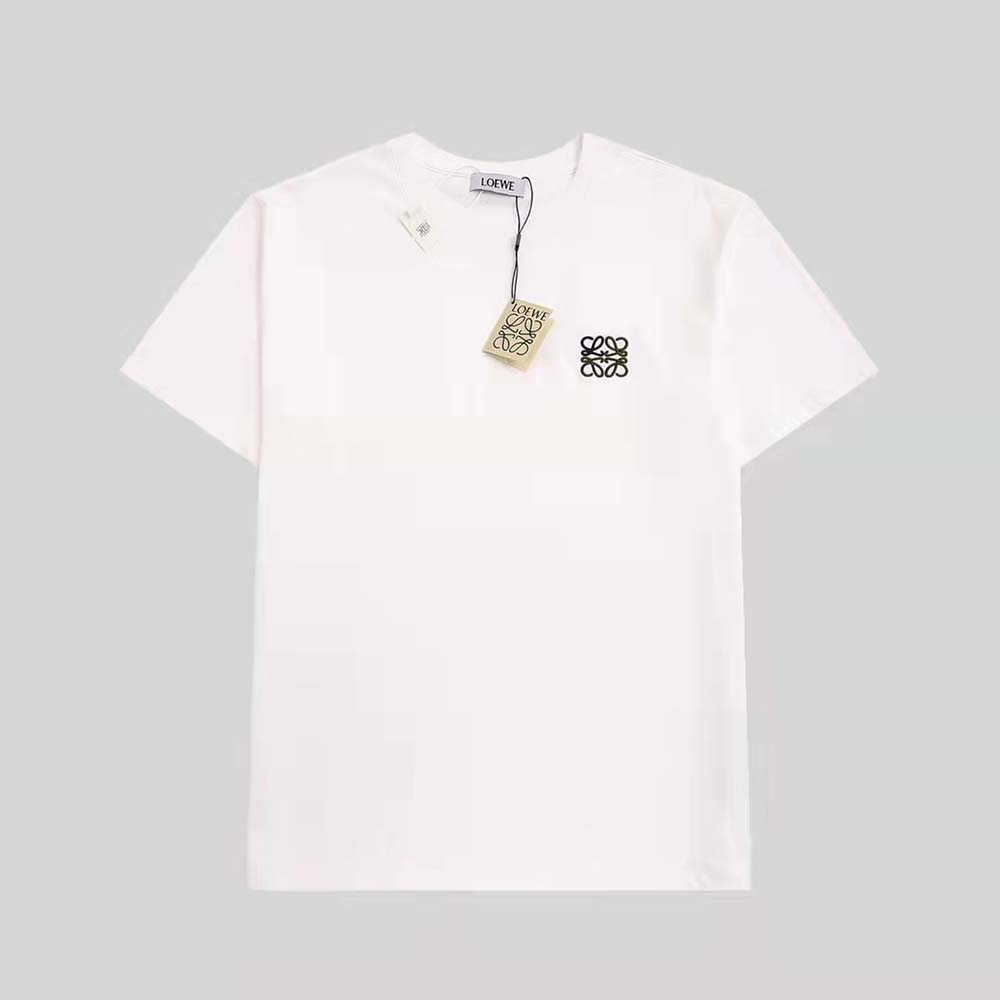 Close-up of embroidered Loewe Anagram logo on white T-shirt