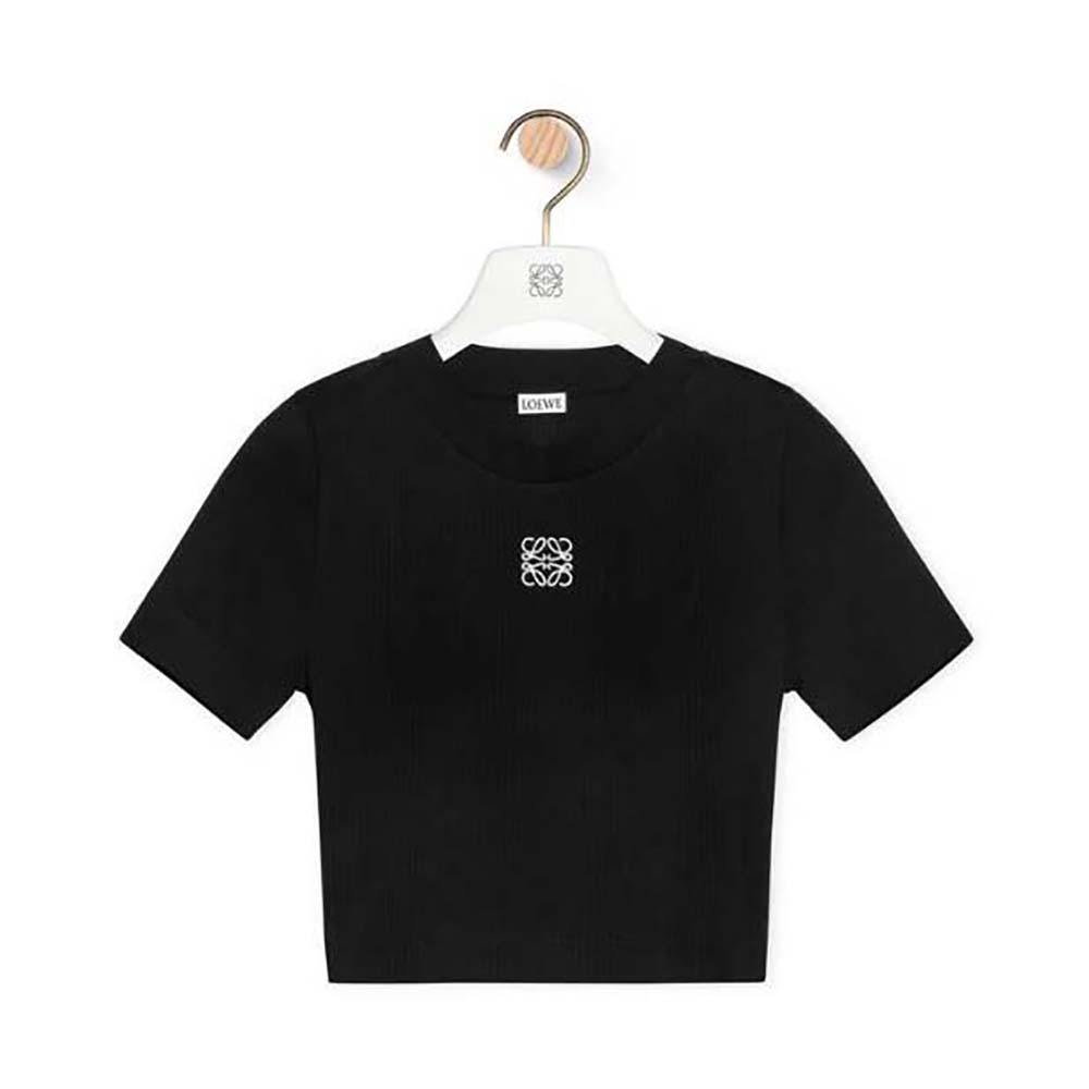 Front view of Loewe Women Anagram Top in Ribbed Cotton Jersey black tee