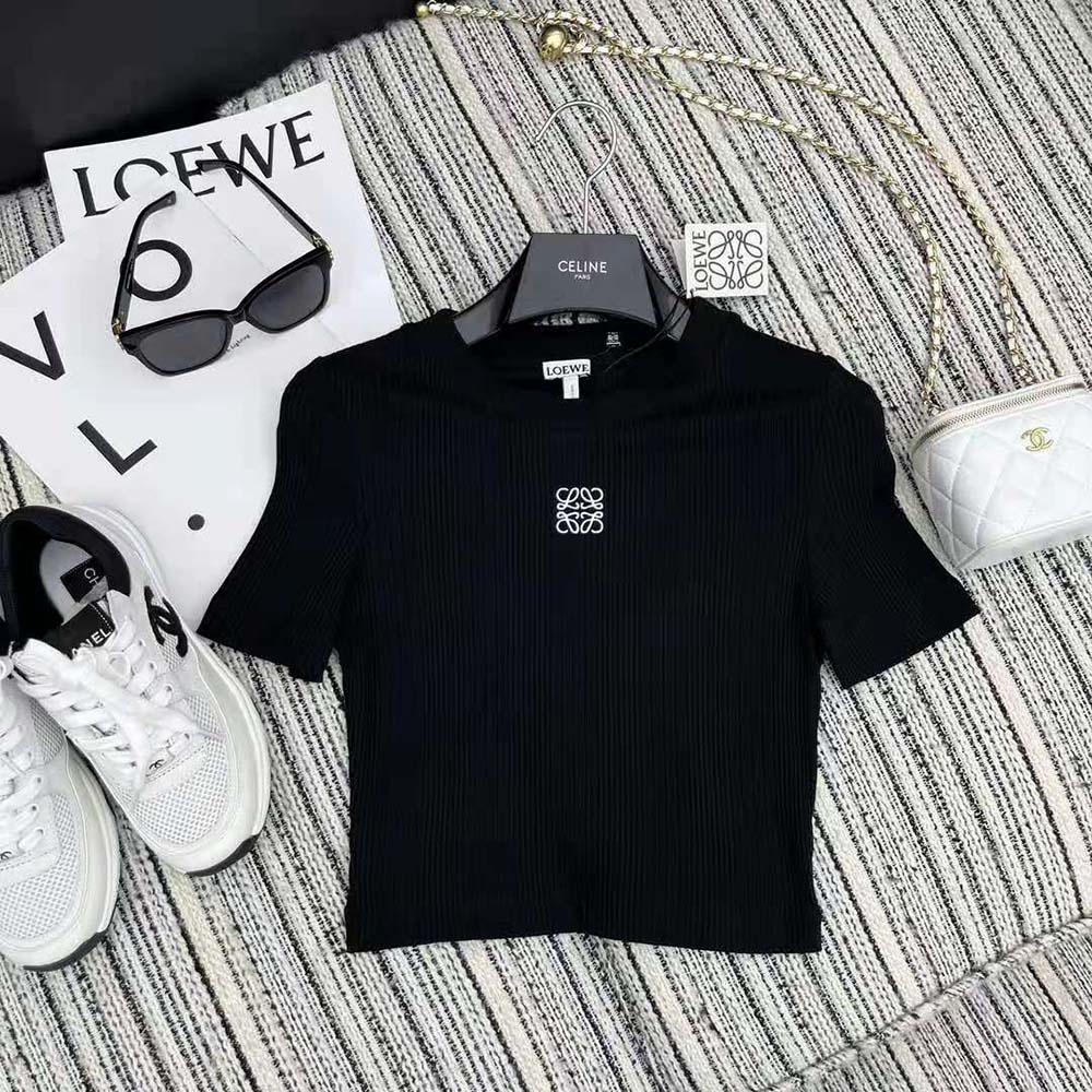 Close-up of signature Loewe Anagram detail on black ribbed cotton top