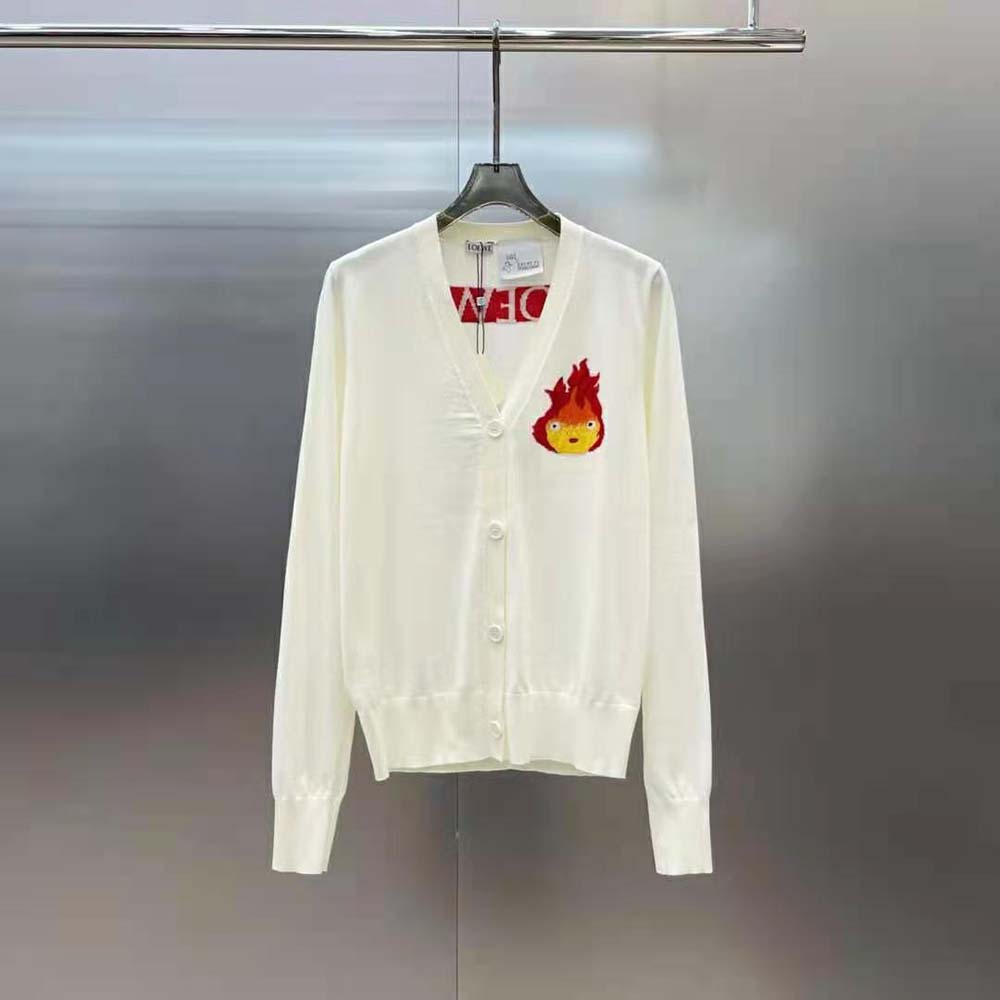 Close-up of Loewe Women Calcifer Cardigan wool texture and buttons