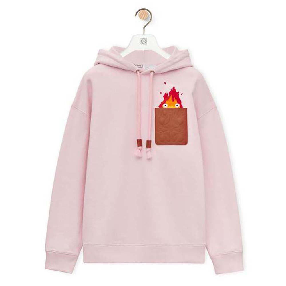 Front view of Loewe Women Calcifer Leather Patch Hoodie in pink with leather patch detail
