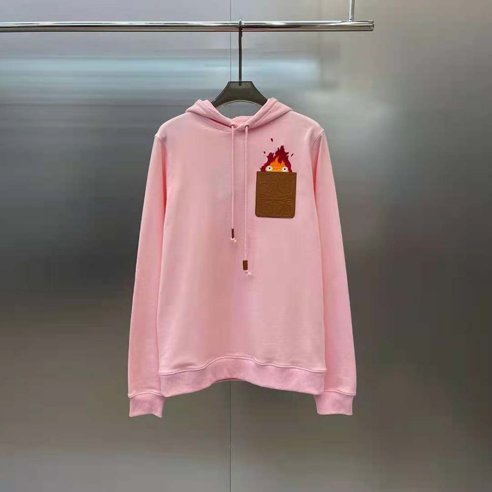Close-up of leather patch on Loewe Women Calcifer Leather Patch Hoodie in cotton-pink