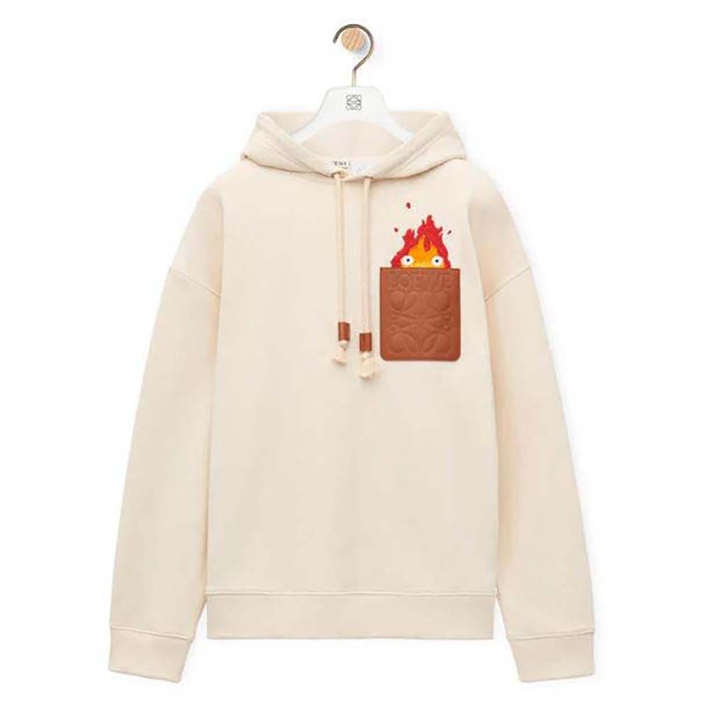 Front view of Loewe Women Calcifer Leather Patch Hoodie in Cotton-White