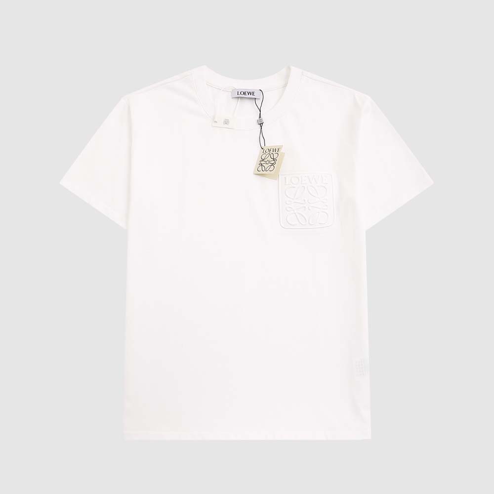 Close-up of debossed Anagram detail on Loewe white T-shirt