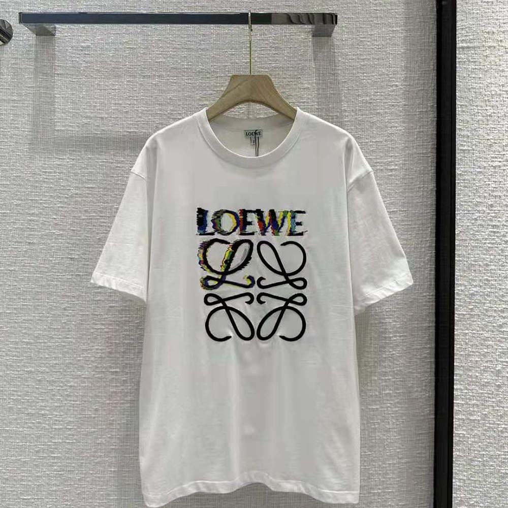 Close-up of embroidered glitch Anagram detail on Loewe T-shirt
