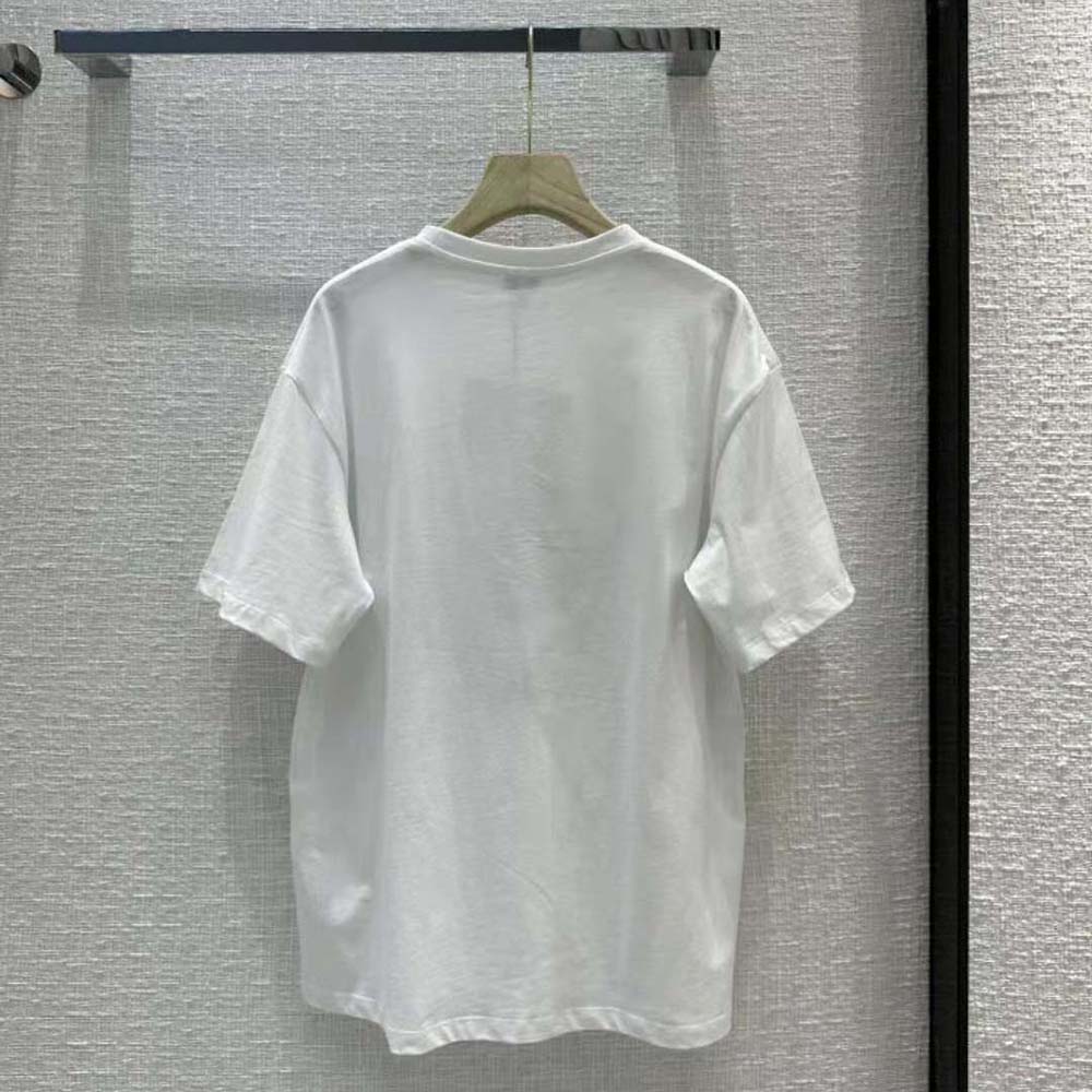 Side angle showing fit and fabric texture of Loewe Men Glitch Anagram T-shirt