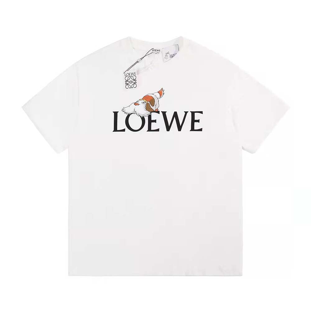 Close-up detail of embossed Loewe logo on white cotton T-shirt