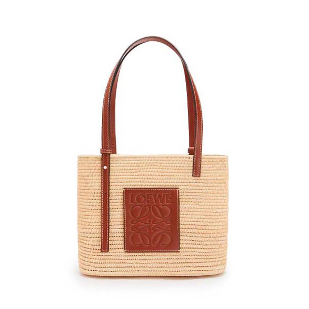 Front view of Loewe Women Small Square Basket Bag in Raffia and Calfskin-Brown