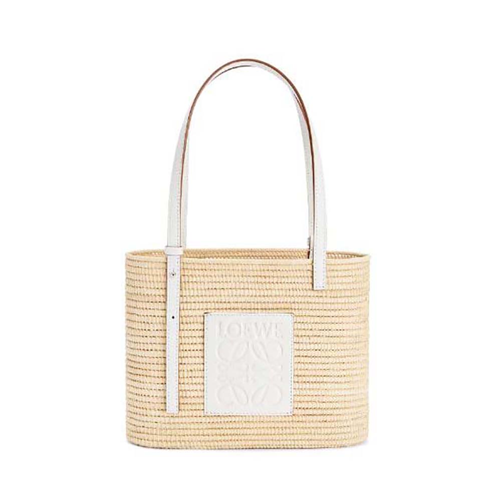 Front view of Loewe Women Small Square Basket Bag in Raffia and Calfskin-White