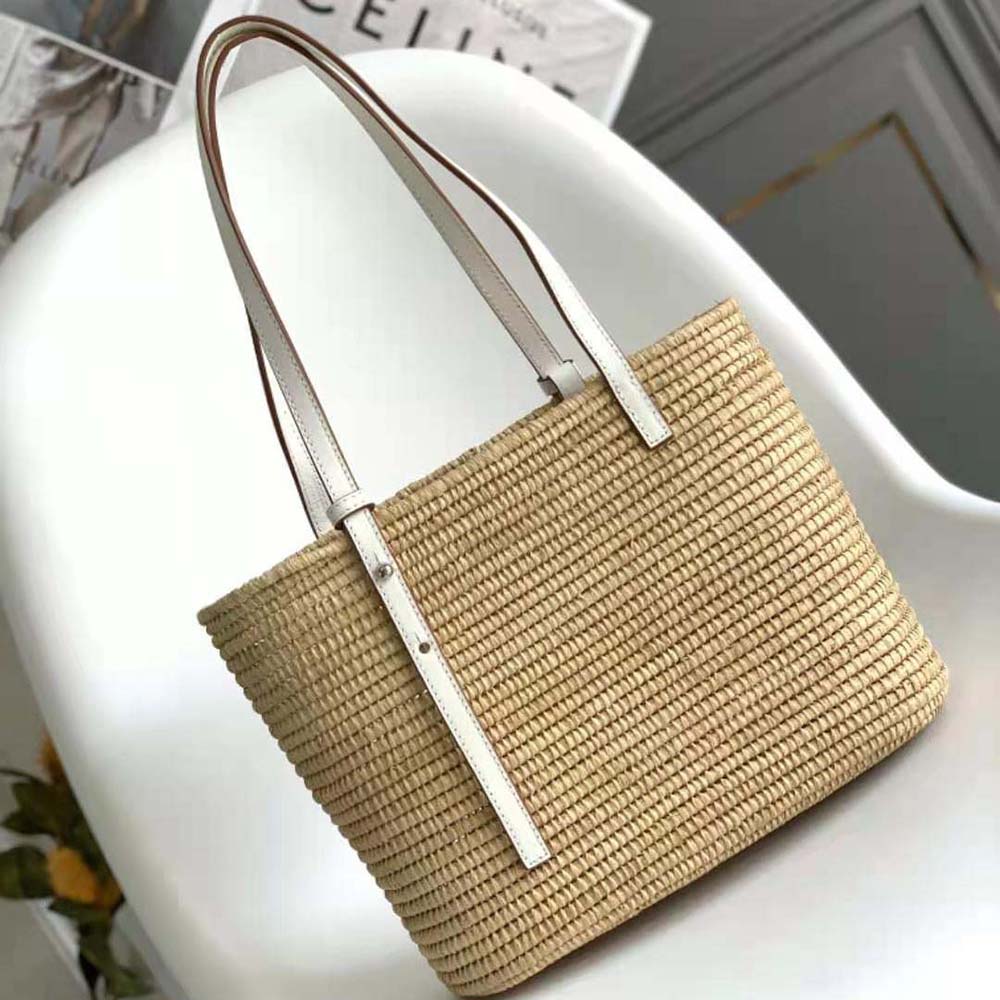 Side angle showing raffia weave texture on Loewe Women Small Square Basket Bag