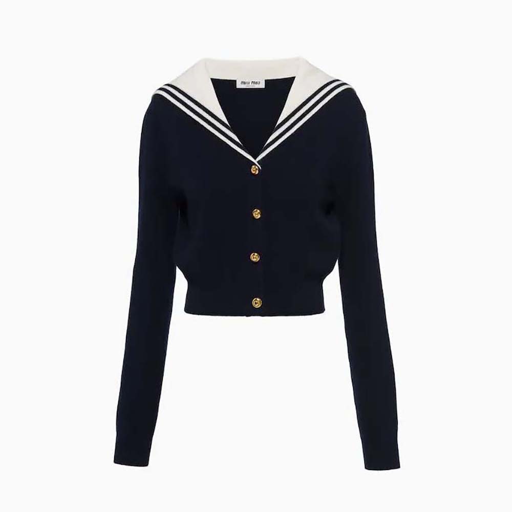 Front view of Miu Miu Women Cashmere Cardigan with Intarsia Logo in black
