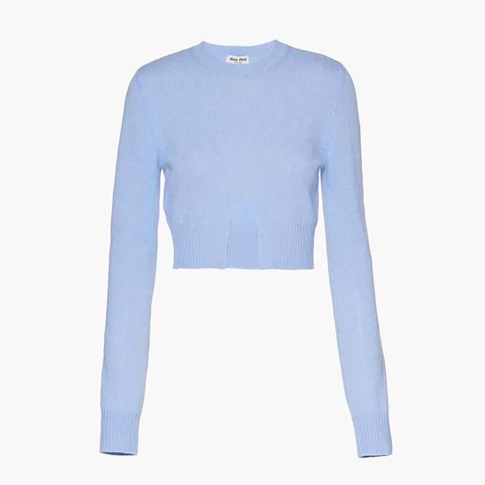 Front view of Miu Miu Women Cashmere Crew-Neck Sweater-Blue