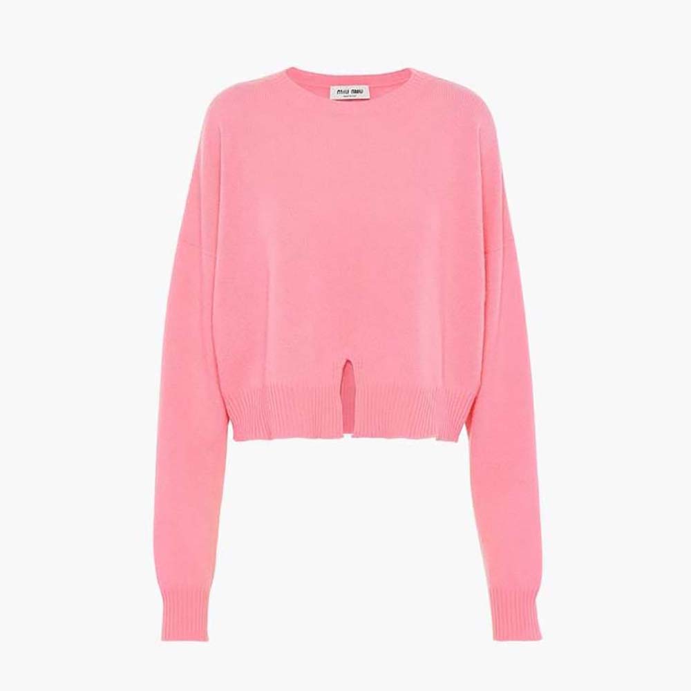Front view of Miu Miu Women Cashmere Crew-Neck Sweater-Pink
