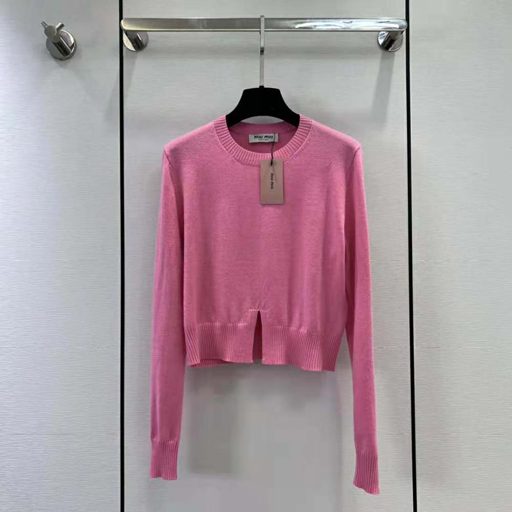 Close-up detail of ribbed trims on Miu Miu cashmere sweater