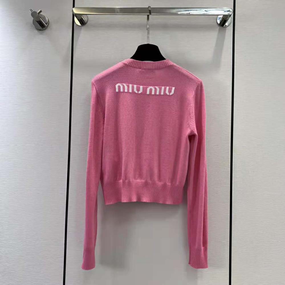 Back angle showcasing fit of Miu Miu Women Cashmere Crew-Neck Sweater-Pink