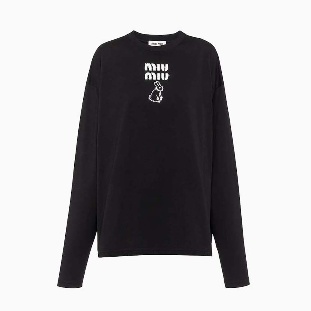 Front view of Miu Miu Women Cotton T-shirt with Embroidered Logo in black
