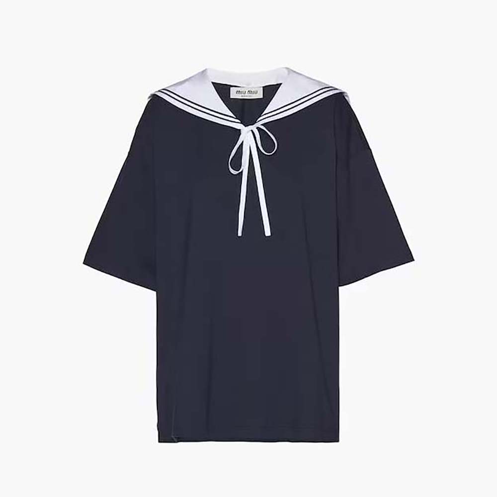 Front view of Miu Miu Women Cotton T-shirt with Embroidered Logo in blue