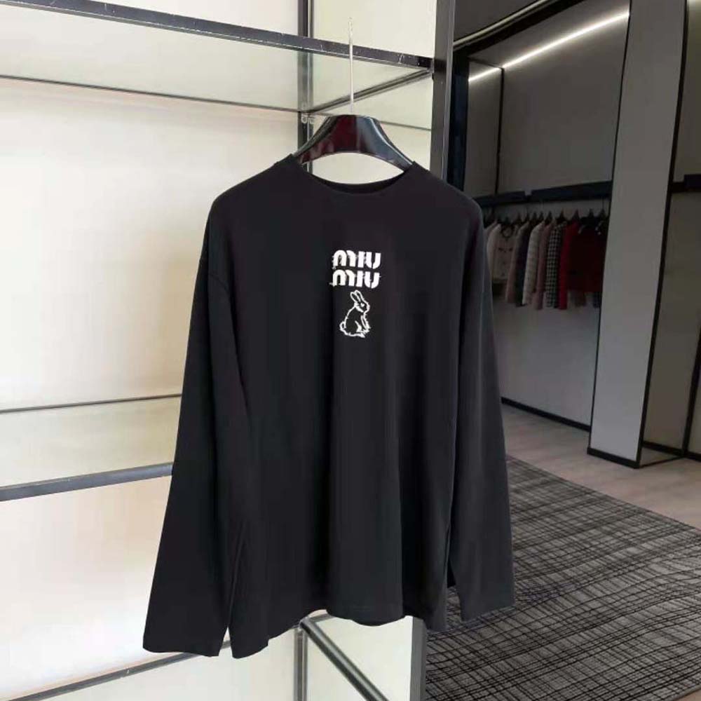Close-up detail of embroidered logo on Miu Miu Women Cotton T-shirt