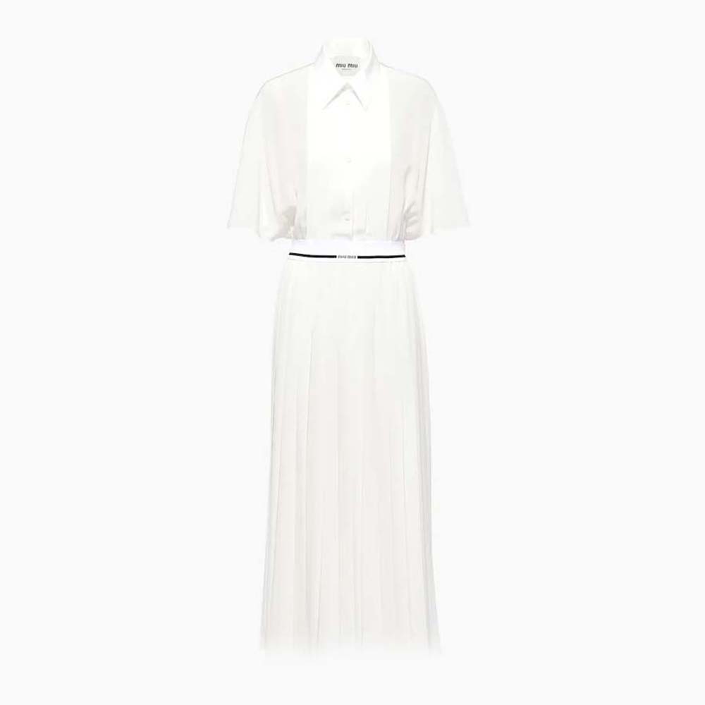 Front view of Miu Miu Women Crepe De Chine Midi Dress-White elegant silhouette