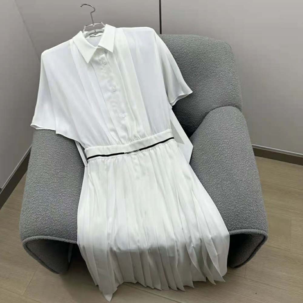 Side angle showing midi length and concealed zip on Miu Miu Women Crepe De Chine Midi Dress-White