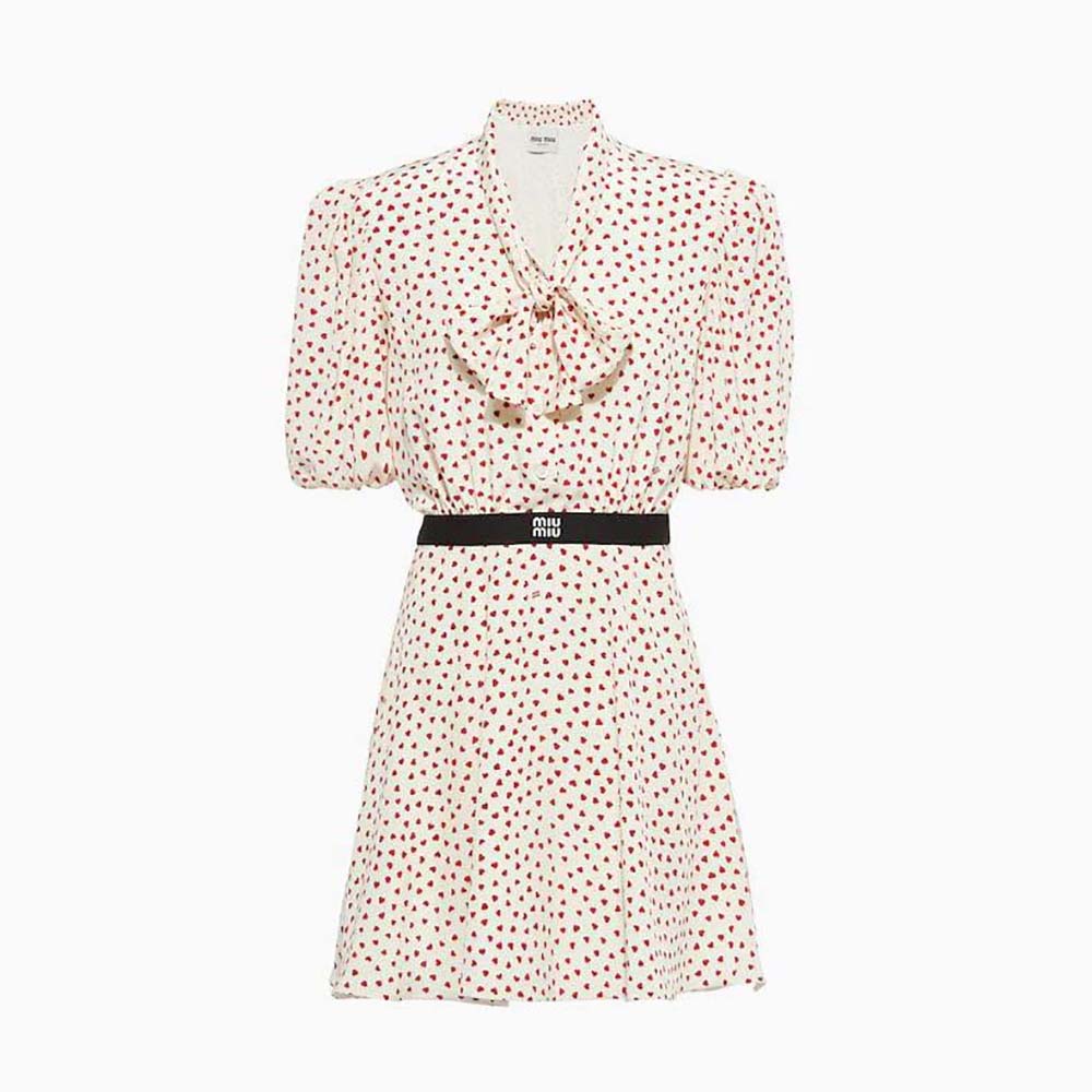 Front view of Miu Miu Women Crepe De Chine Mini-Dress with Heart Print