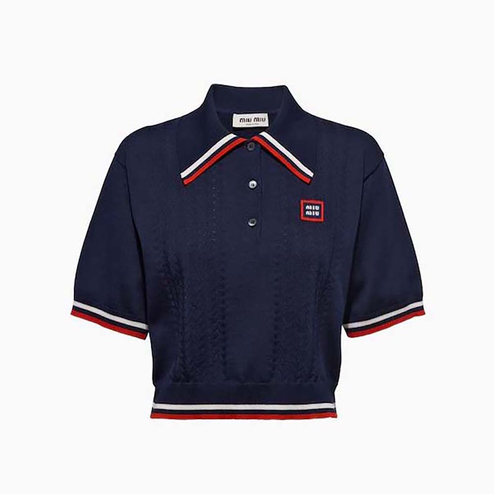 Front view of Miu Miu Women Cropped Silk and Cotton Polo Shirt-Navy