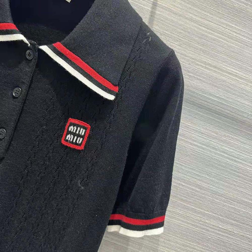 Miu Miu Women Cropped Silk and Cotton Polo Shirt-Navy - image 6