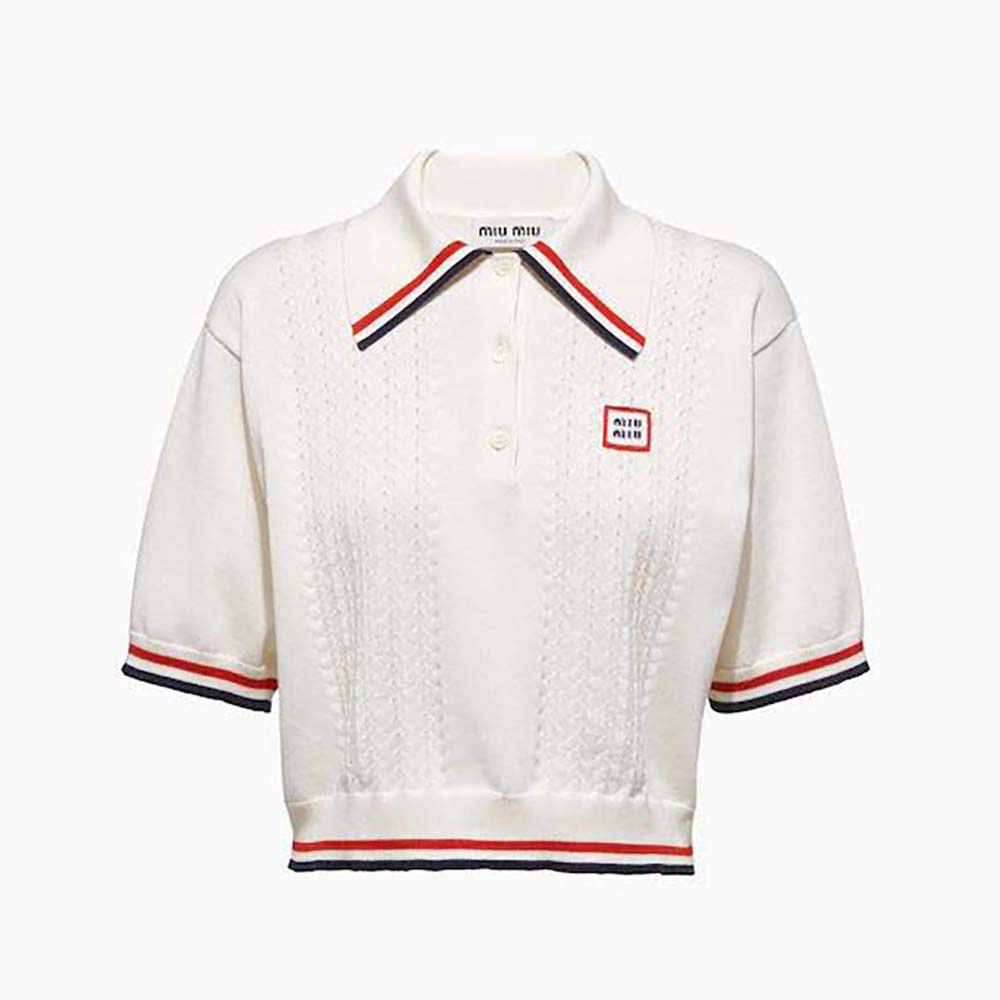 Front view of Miu Miu Women Cropped Silk and Cotton Polo Shirt-White