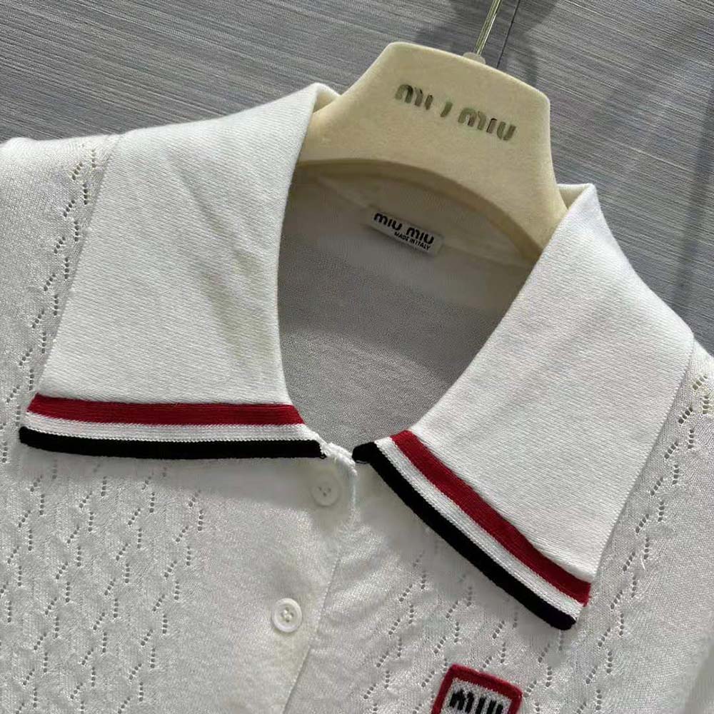 Miu Miu Women Cropped Silk and Cotton Polo Shirt-White - image 5