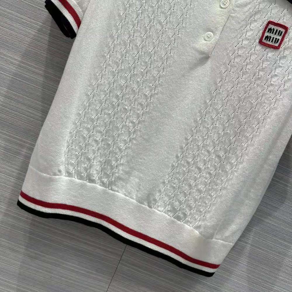 Miu Miu Women Cropped Silk and Cotton Polo Shirt-White - image 8