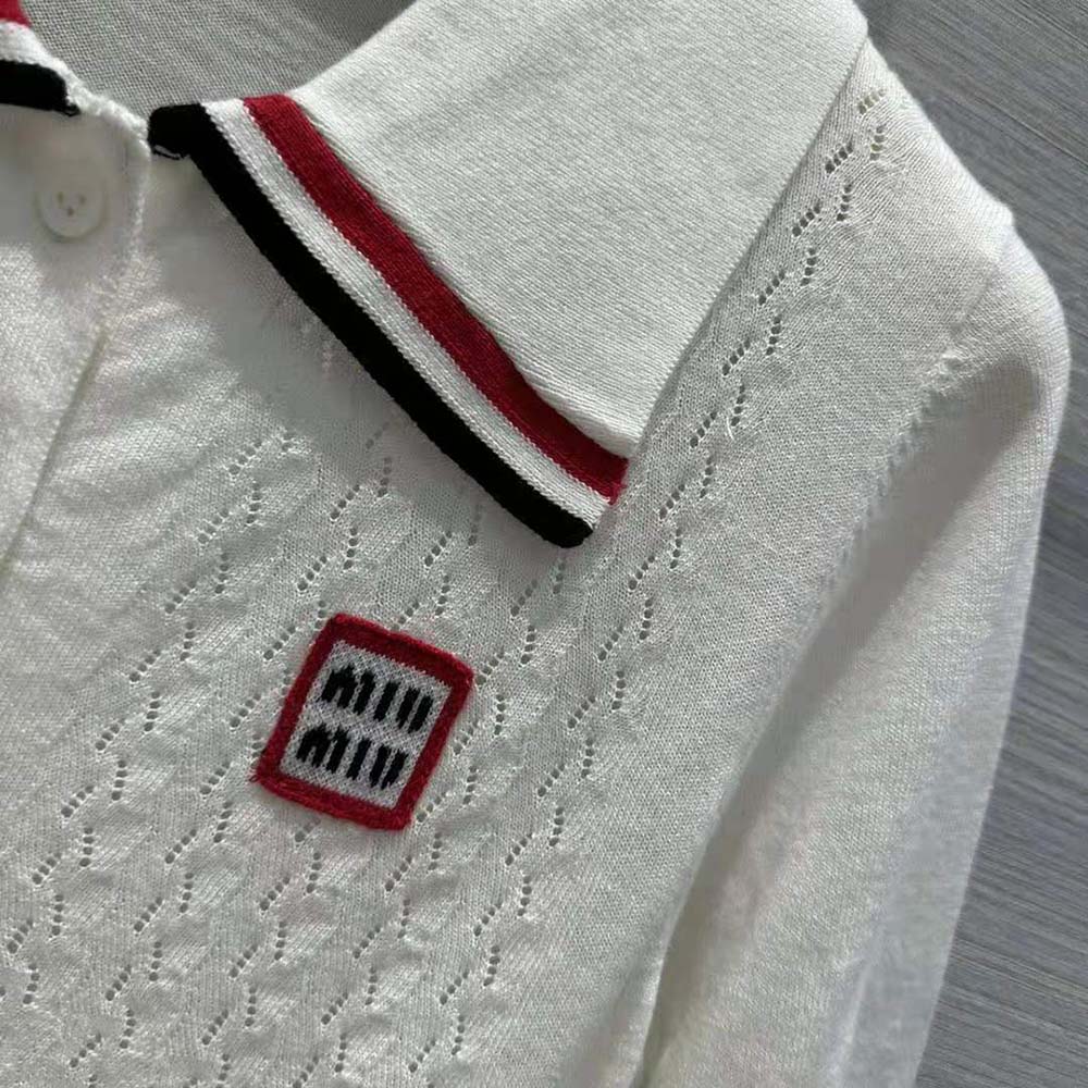 Miu Miu Women Cropped Silk and Cotton Polo Shirt-White - image 6