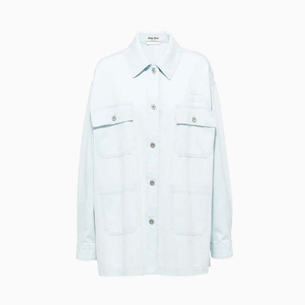 Front view of Miu Miu Women Denim Blouson Jacket with Embroidered Logo