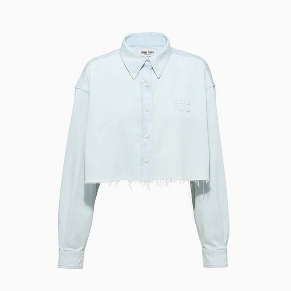 Front view of Miu Miu Women Denim Shirt with Embroidered Logo in blue