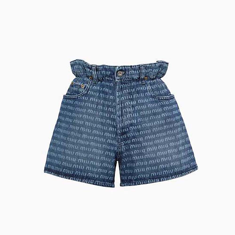 Front view of Miu Miu Women Denim Shorts with Coin Pocket in blue denim
