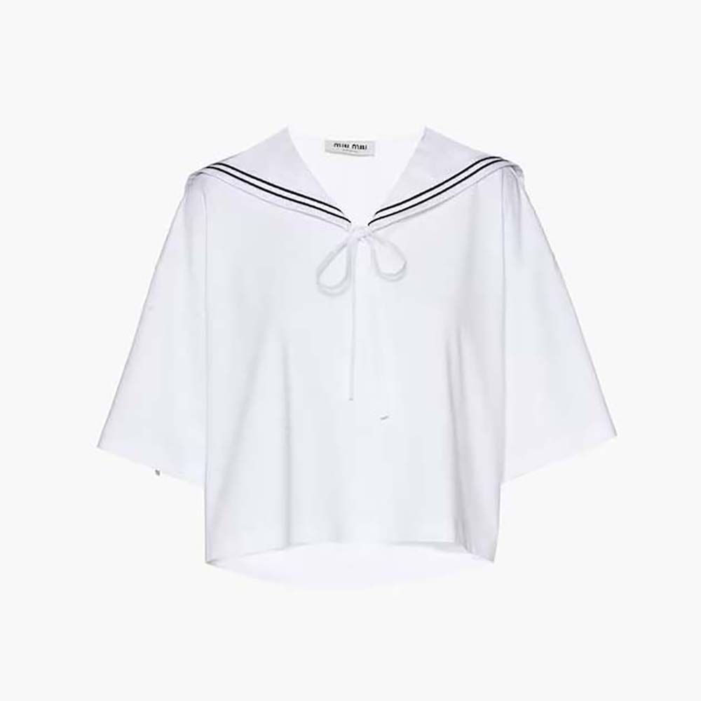 Front view of Miu Miu Women Embroidered Cotton T-shirt with Embroidered Logo in white